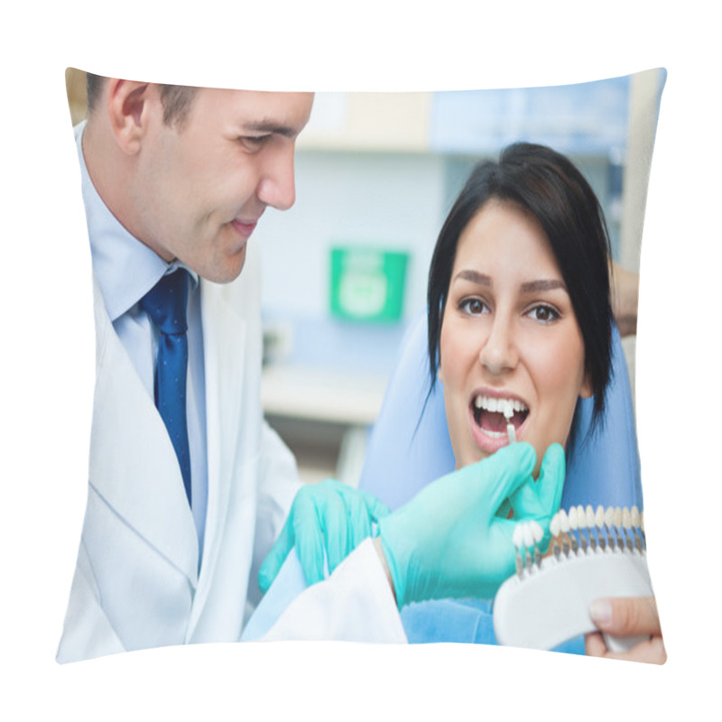 Personality  Dentist Examining A Whiteness Of Teeth Of A Patient Pillow Covers