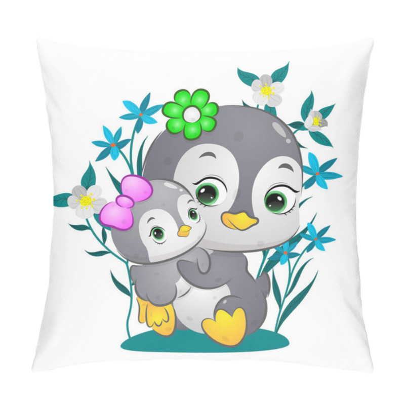 Personality  The Cute Happy Penguin Is Lifting The Baby With The Flowers Background Of Illustration Pillow Covers