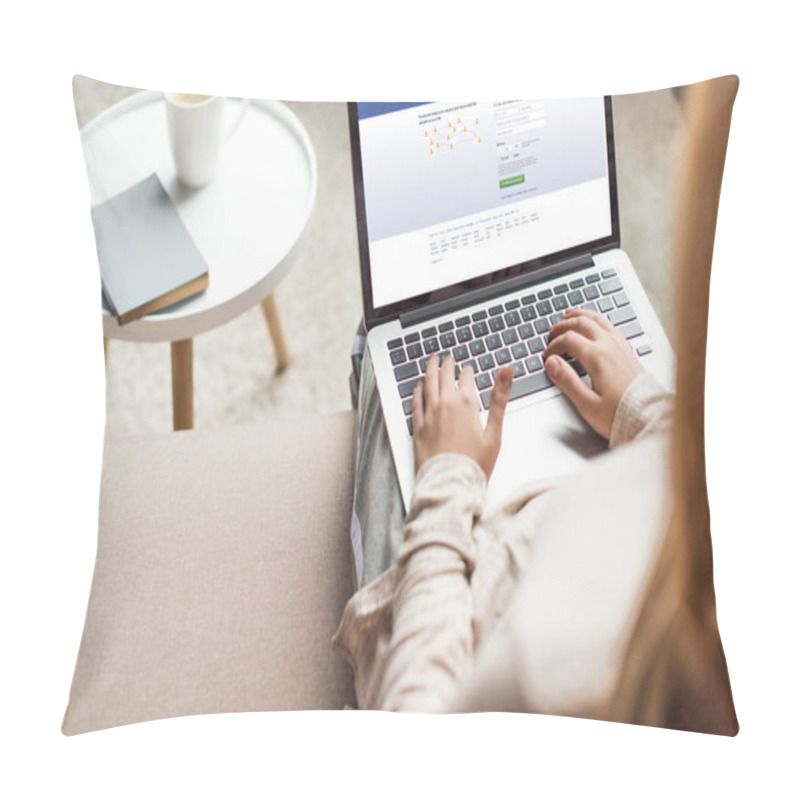 Personality  Cropped Shot Of Woman At Home Sitting On Couch And Using Laptop With Facebook On Screen Pillow Covers