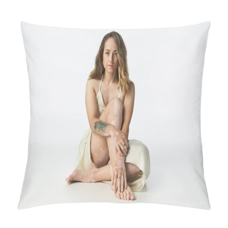 Personality  A Confident Young Woman With Vitiligo Sits Gracefully In A Studio. Pillow Covers