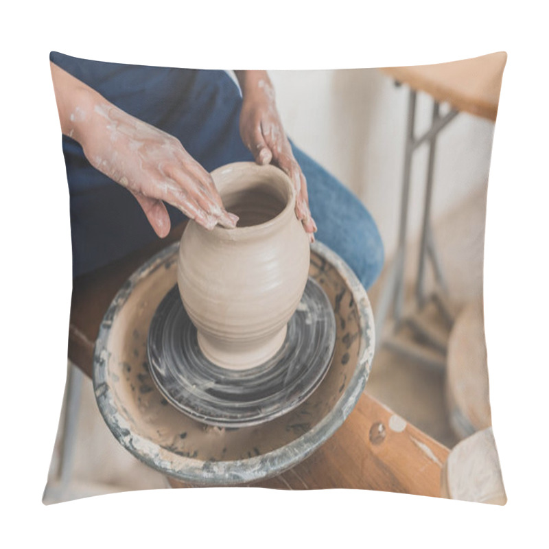 Personality  Partial View Of Young African American Woman Modeling Wet Clay Pot On Wheel With Hands In Pottery Pillow Covers