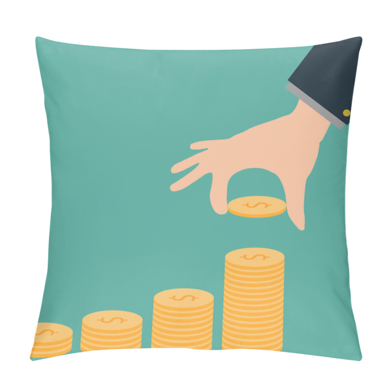 Personality  Hands Stacking Coins. Human Hand Putting Coin To Stack Of Coins On Green Background. Investment, Saving Money Or Finance Growth Business. Hand Put Coin To Money Staircase.  Pillow Covers