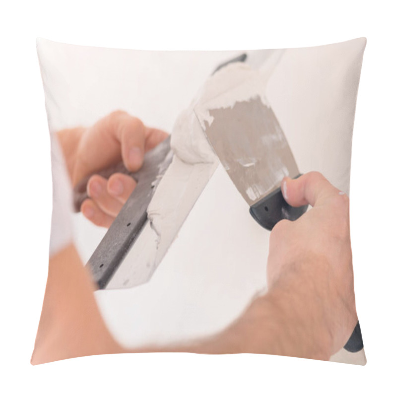 Personality  A Man With Two Spatulas In His Hands Applies Putty, Very Close-up Selective Focus Pillow Covers