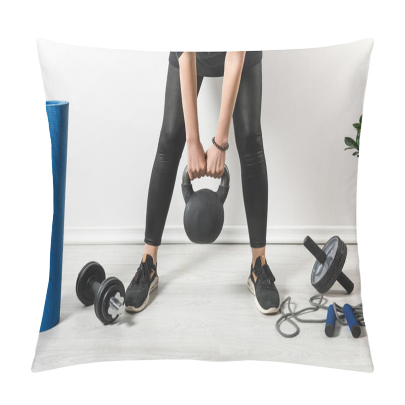 Personality  Cropped View Of Sportswoman Training With Kettlebell At Home With Sports Stuff Pillow Covers