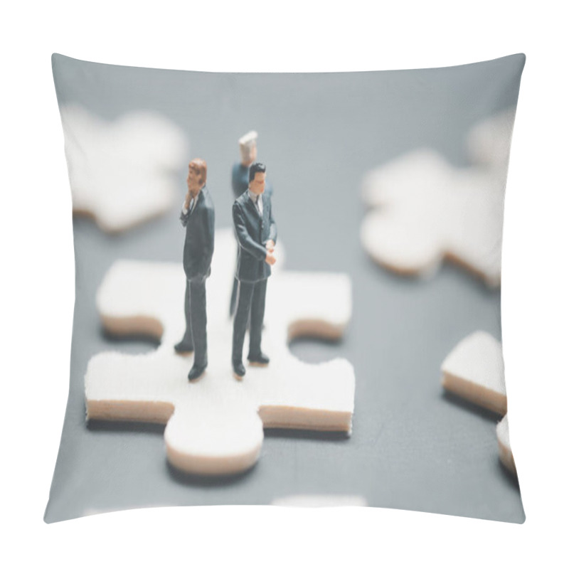 Personality  Three Miniature Businessman Standing With Their Backs And Standing Above Jigsaw Puzzle Piece For Find Common Solution. Partnership Concept Pillow Covers