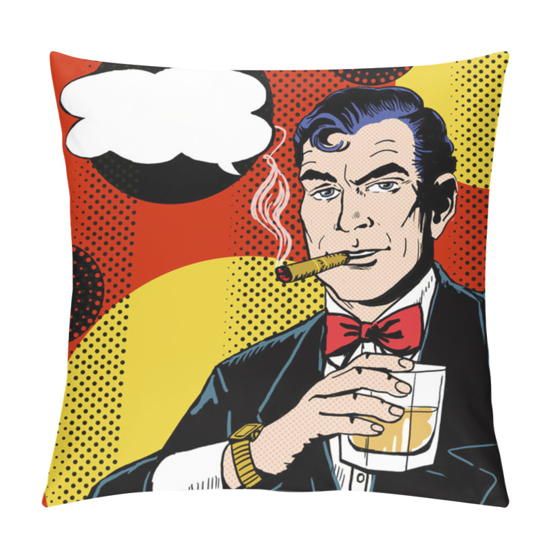 Personality  Vintage Pop Art Man With Glass  Smoking  Cigar And With Speech Bubble. Pop Art Background.Man In Comic Style. Pillow Covers