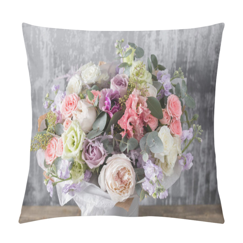 Personality  Close-up Beautiful Bouquet. Spring Flowers On Gray Background. Flower Shop Pillow Covers