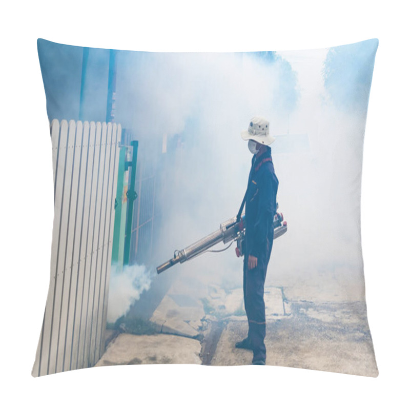 Personality  A Health Worker Uses A Fogging Machine To Control Mosquito Populations In An Urban Setting. Pillow Covers