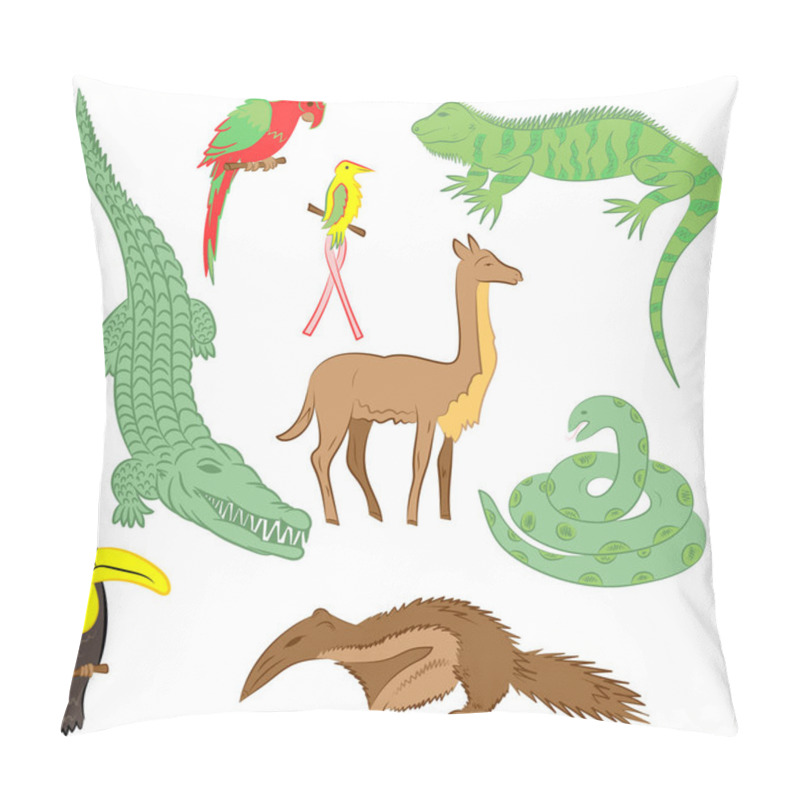 Personality  Colorful Hand Drawn Animals Of South America. Doodle Drawings Of Iguana, Crocodile, Parrot Ara, Toucan, Hummingbird,Anaconda, Anteater And Llama. Flat Style. Pillow Covers