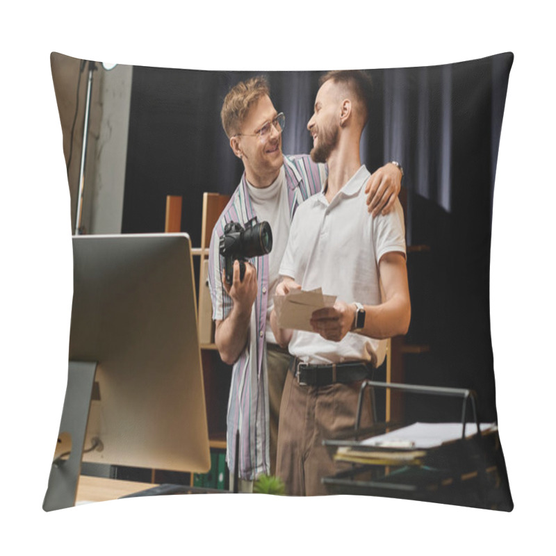 Personality  Two Men Collaborate On Computer Projects In Modern Office Setting. Pillow Covers