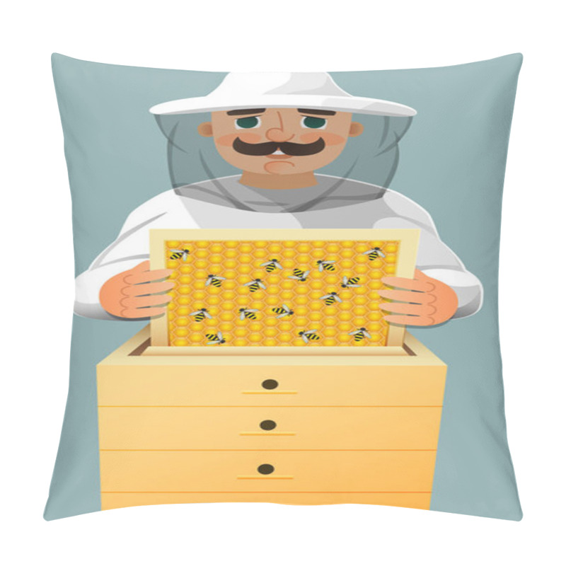 Personality  Beekeeper In A White Suit. Portrait Of A Man In A Beekeeper Suit With A Honeycomb Frame In His Hands. Vector. Pillow Covers