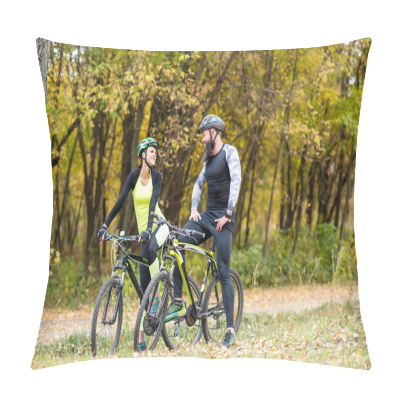 Personality  Cyclists With Bikes In Autumn Park Pillow Covers