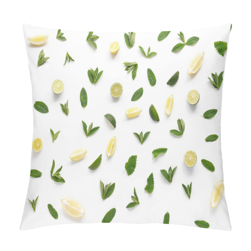 Personality  Top View Of Mint Leaves And Lime And Lemon Slices Isolated On White Background Pillow Covers