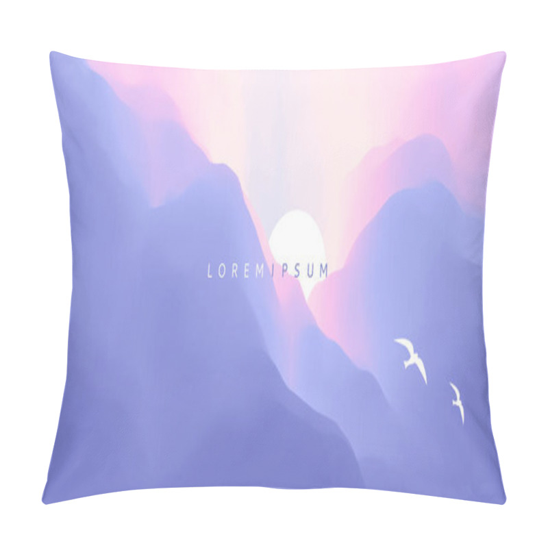 Personality  Sky With Clouds And Sun. Beautiful Sunrise With Flying Seagulls. Landscape With Mountains. Abstract Background. Vector Illustration. Pillow Covers