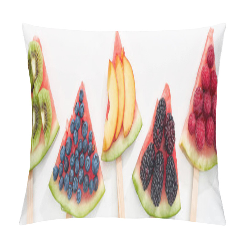 Personality  Panoramic Shot Of Fresh Watermelon On Sticks With Seasonal Berries And Fruits On White Background Pillow Covers