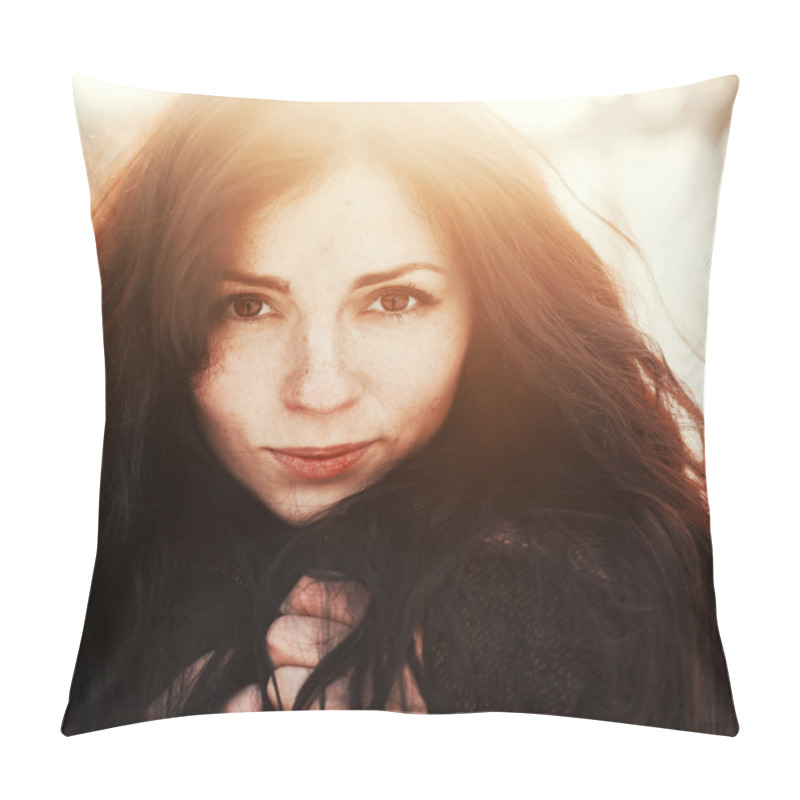 Personality  Woman In Winter Sunny Sunshine Photo. Pillow Covers