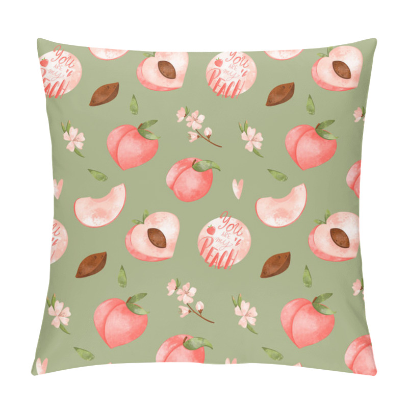 Personality  Digital Art Cute Peach Seamless Pattern On A Green Background. Print For Fabrics, Packaging Paper And Packages, Posters, Cards, Invitations, Clothes, Covers, Web Design. Pillow Covers