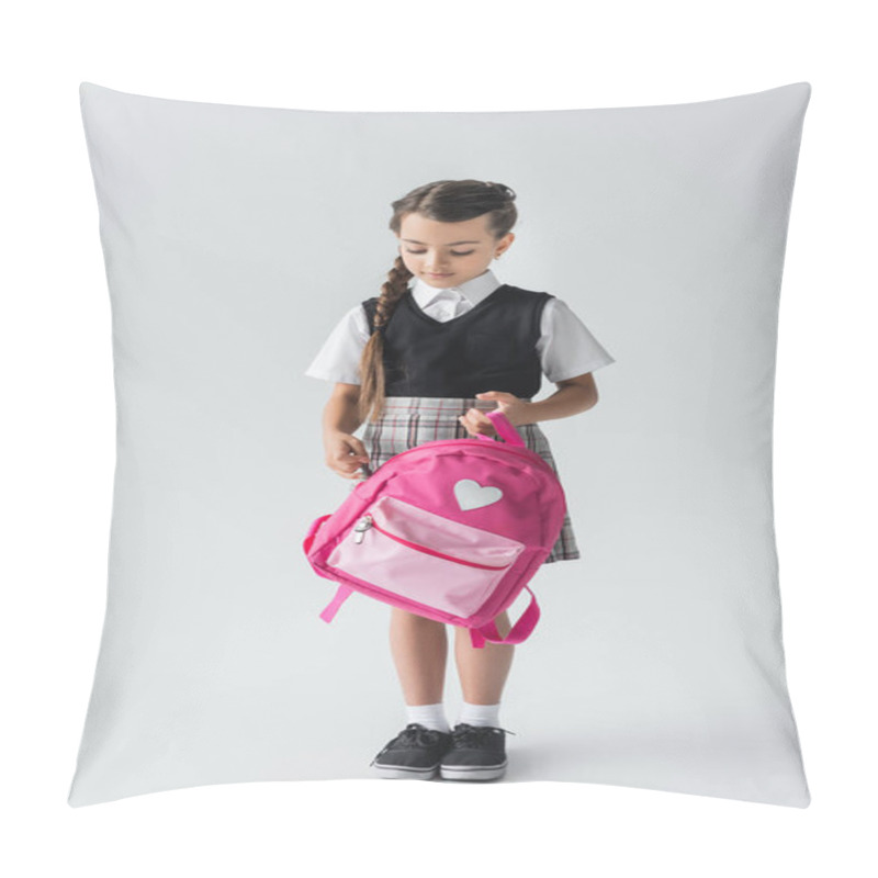 Personality  Full Length Of Cute Schoolgirl In Uniform Holding Pink Backpack While Standing On Grey Pillow Covers