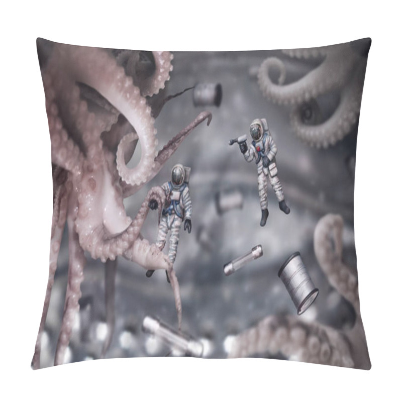 Personality  Conceptual Photo Of Two Toy Astronauts Fighting With Alien Octopuses In Zero Gravity. Pillow Covers