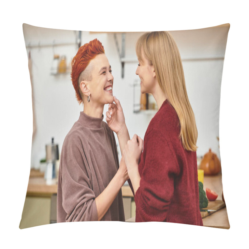 Personality  Two Beautiful Young Women Are Playfully Interacting In Their Stylish Apartment, Demonstrating Love. Pillow Covers