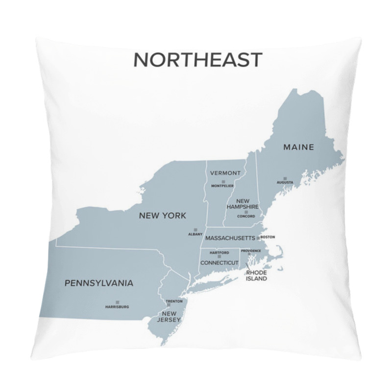 Personality  Northeast, Census Region Of The United States Of America, Gray Political Map Of Census Region 1, Consisting Of 9 Single States. Map With Geographical Borders And Capitals. Isolated Illustration. Pillow Covers