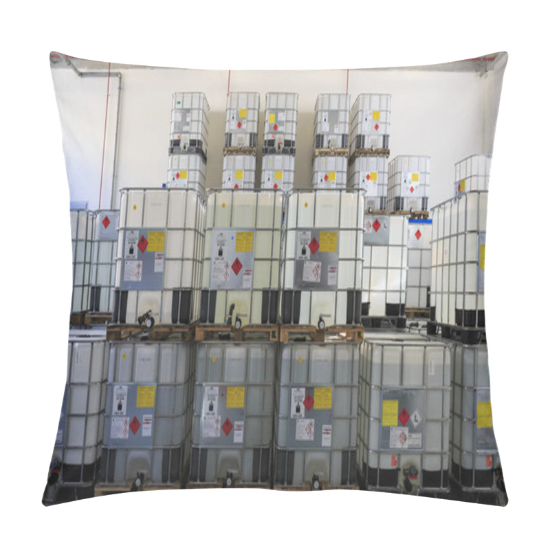 Personality  ZAGREB, CROATIA - AUGUST 08, 2014: IBC Containers With Highly Flammable Chemical Liquids In Warehouse. Containers Have ADR Symbols Of 3rd. Category On It Pillow Covers