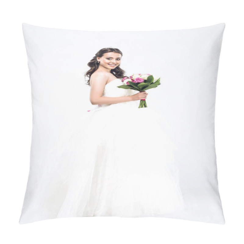 Personality  Beautiful Young Bride In Wedding Dress With Bouquet And Looking At Camera On White Pillow Covers