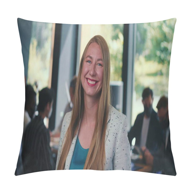 Personality  Portrait Of Beautiful Young 30s Blonde Business Woman Smiling At Camera At Modern Light Office Background Slow Motion. Pillow Covers