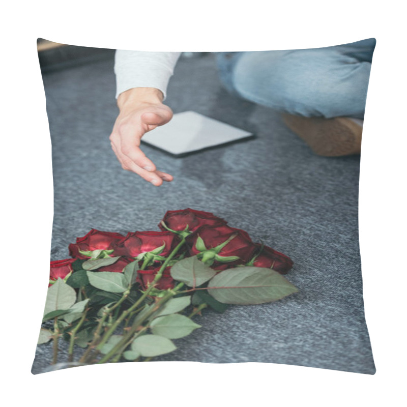 Personality  Cropped View Of Man And Flowers On Floor In Robbed Apartment  Pillow Covers