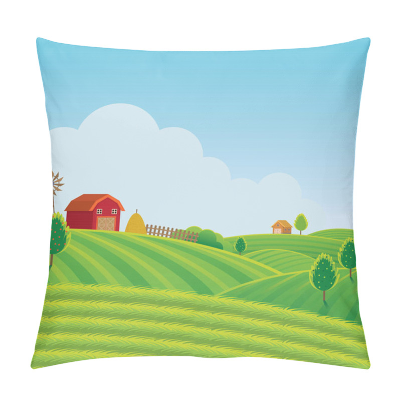 Personality  Farm On Hill With Green Field Background, Agriculture, Cultivate, Countryside, Field, Rural Pillow Covers