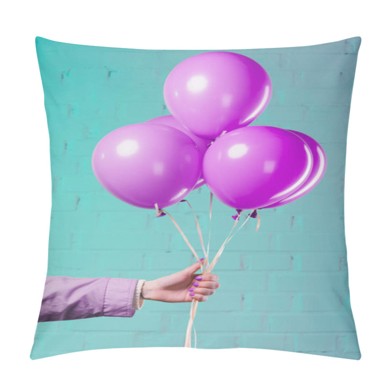 Personality  Cropped Shot Of Woman Holding Pink Helium Balloons Pillow Covers