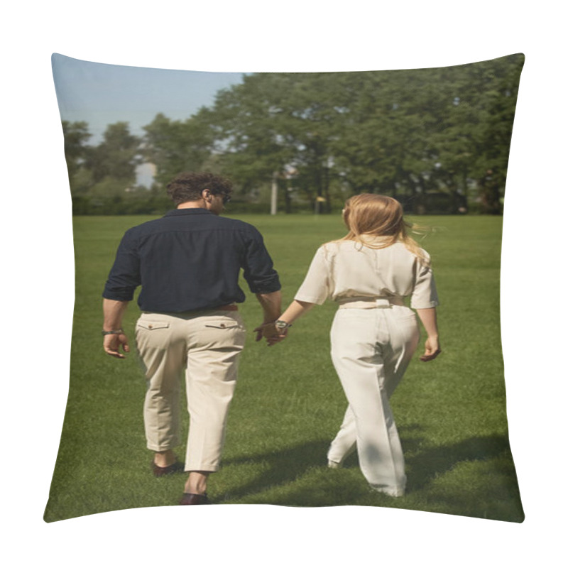 Personality  A Young Couple In Elegant Attire Holding Hands While Walking Through A Lush Park Together. Pillow Covers