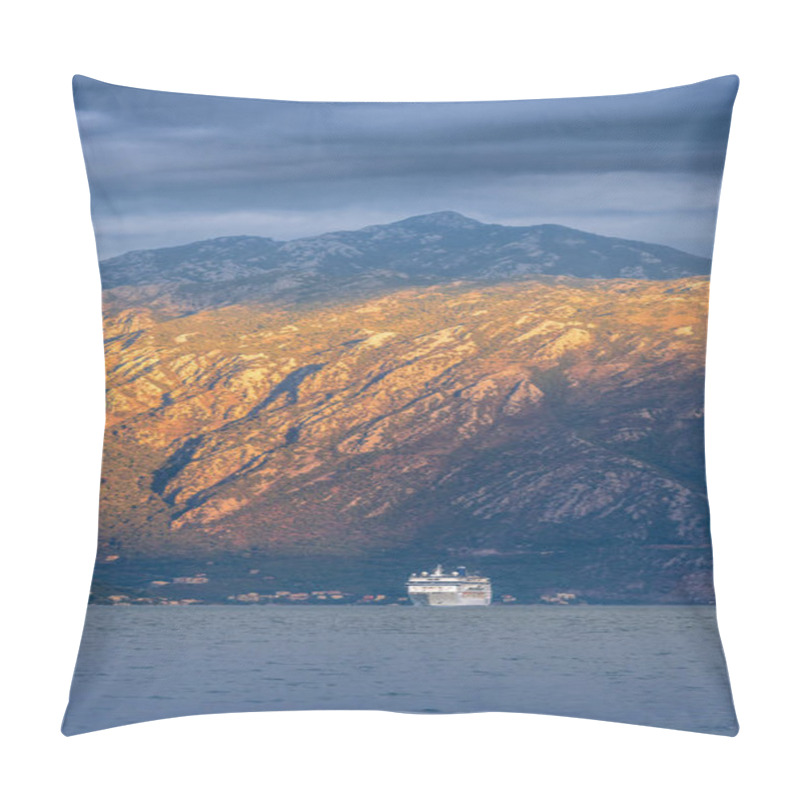 Personality  A Serene View Of The Bay Of Kotor In Montenegro, Featuring A White Sailboat Gliding Across Calm Waters Under A Cloudy Sky, With Rugged, Sunlit Mountains In The Background. Pillow Covers