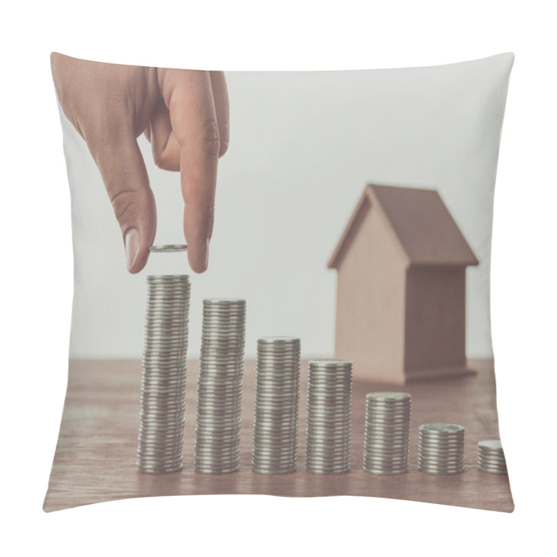 Personality  Cropped Image Of Man Stacking Coins Near Small House On Table, Saving Concept Pillow Covers