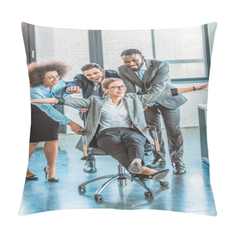 Personality  Multicultural Businesspeople Having Fun And Racing Colleague On Chair In Workspace Pillow Covers