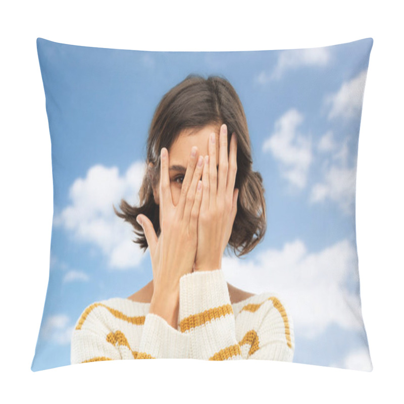 Personality  Young Woman Looking By One Eye Through Her Fingers Pillow Covers