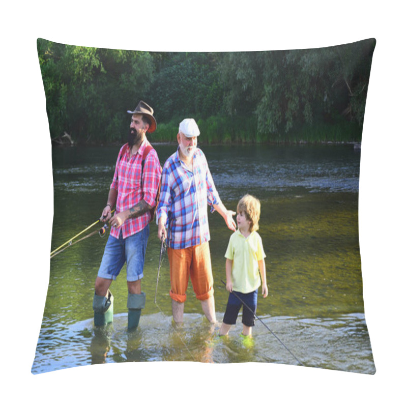 Personality  Fishing Became A Popular Recreational Activity. Summer Weekend. Fly Fisherman Using Fly Fishing Rod In River. Generations Men. Pillow Covers