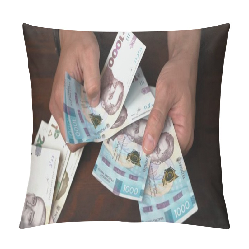 Personality  Caucasian Man Considers New Ukrainian Paper Money. Male Hands Holding Pack Of Banknotes Face Value 1000 Hryvnia. Close Up Shot Pillow Covers