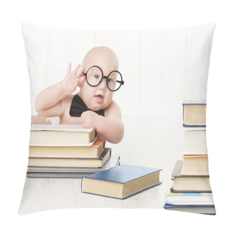 Personality  Baby In Glasses And Books, Kids Early Childhood Education And Development, Smart Child Preschool Reading Concept, Over White Background Pillow Covers