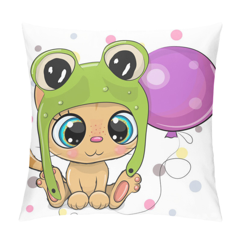 Personality  Greeting Card Cute Cartoon Orange Kitten In A Frog Hat With Balloon Pillow Covers