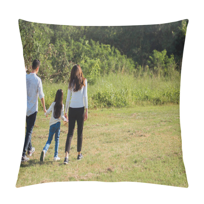 Personality  Happy Asian Young Family Father, Mother And Child Little Girl Having Fun And Enjoying Outdoor Walking Down The Road Outside Together In Green Nature Park On A Sunny Summer Day Pillow Covers