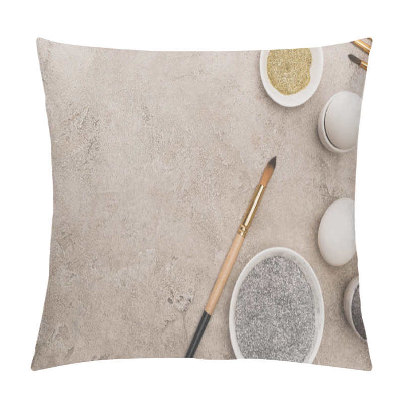 Personality  Top View Of Chicken Eggs, Silver And Golden Glitter With Paintbrushes On Grey Concrete Surface Pillow Covers