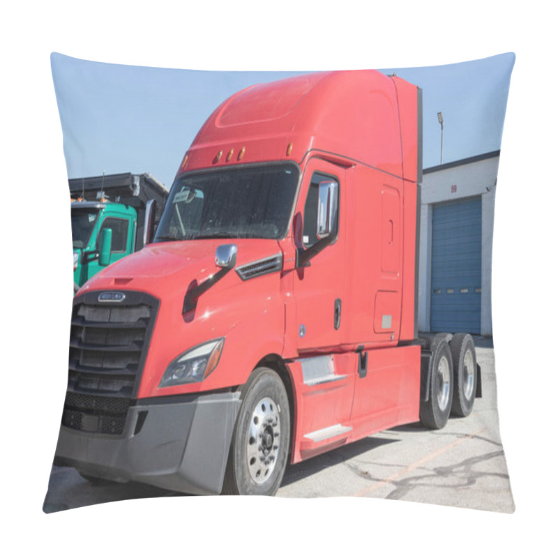 Personality  Indianapolis - Circa March 2023: Freightliner Semi Tractor Trailer Big Rig Trucks Lined Up For Sale. Freightliner Is Owned By Daimler. Pillow Covers