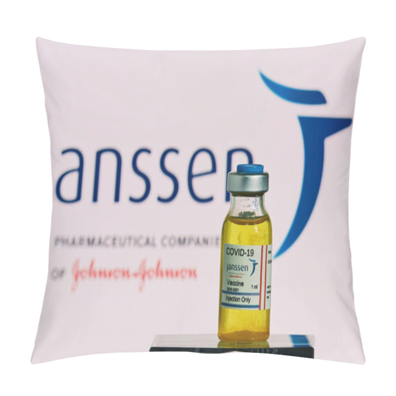 Personality  MALLORCA/SPAIN- November 21 2020: Janssen Research Coronavirus (Covid 19) Vaccine. Row Of Vaccine Bottles With Blurred Janssen From Johnson & Johnson Company Logo On Background. Pillow Covers