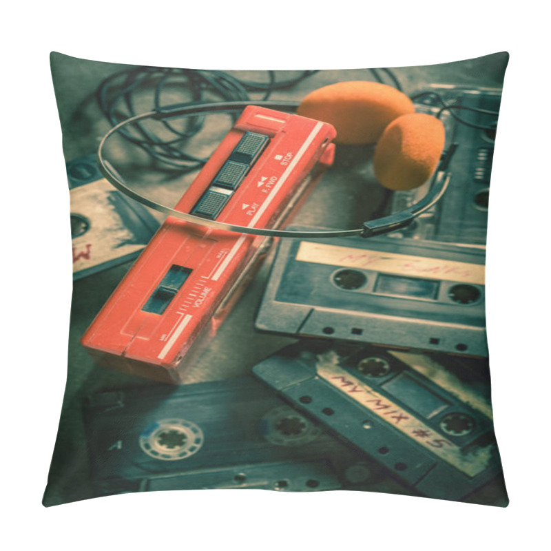 Personality  Old Cassette Tape With Walkman And Headphones On Grey Table Pillow Covers