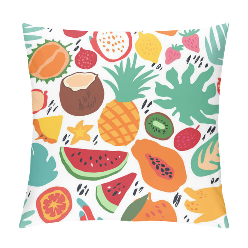 Personality  Minimal Summer Trendy Vector Tile Seamless Pattern In Scandinavian Style. Exotic Fruit Slice, Palm Leaf And Dots. Textile Fabric Swimwear Graphic Design For Print Isolated On White. Pillow Covers