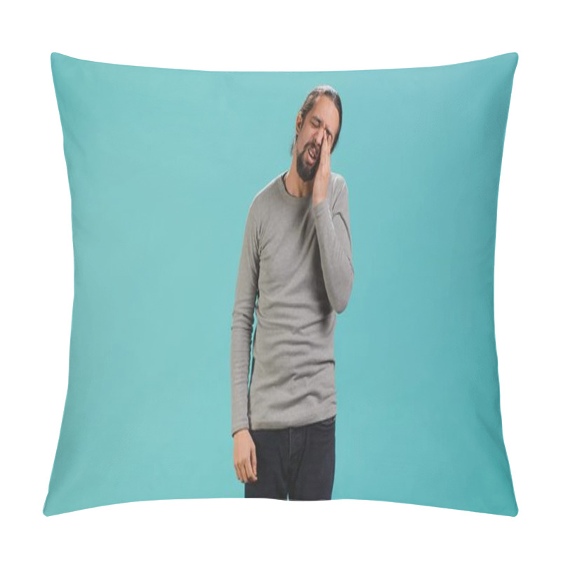 Personality  Man Feeling Exhausted From Overworking And Lack Of Sleep, Rubbing Eyes And Yawning, Isolated Over Studio Background. Tired Person Feeling Sleepy, Being Fatigued, Studio Backdrop, Camera A Pillow Covers