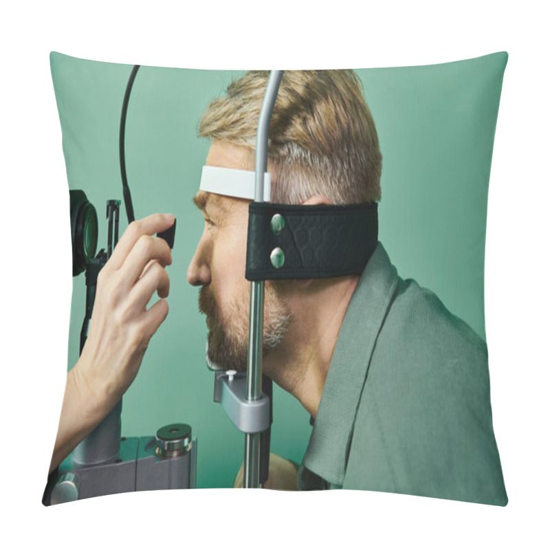 Personality  Dedicated Doctor Examines Mans Eyes Through A Microscope In A Doctors Office For Laser Vision Correction. Pillow Covers