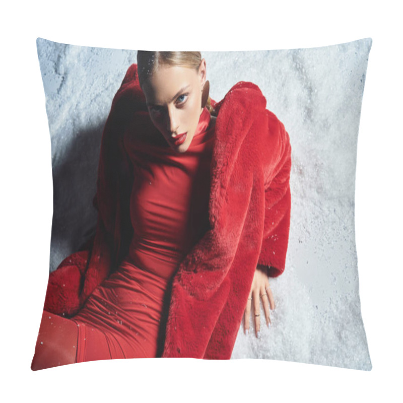 Personality  The Young Woman Exudes Confidence, Dressed In Vibrant Red Against A Serene Snowy Landscape. Pillow Covers