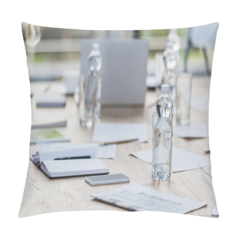 Personality  Selective Focus Of Bottle With Water Near Smartphone, Notebook And Documents On Wooden Table In Meeting Room Pillow Covers